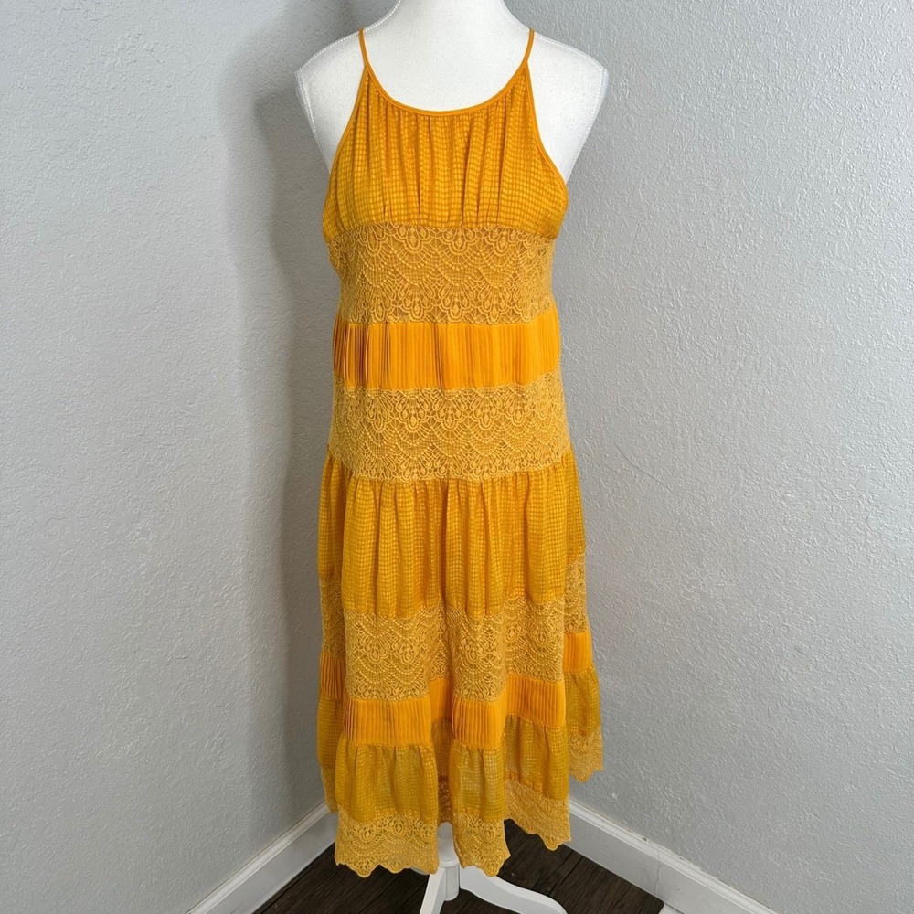Anthropologie HD in Paris Villanelle Yellow Lace Midi Dress‎ Tiered Size M